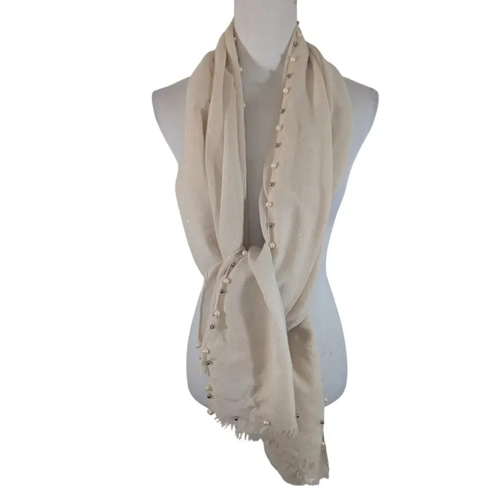 DELICATELY GORGEOUS PALE PINK+ SILVER METALLIC GLINTS, PEARL/SILVER BEAD SCARF!